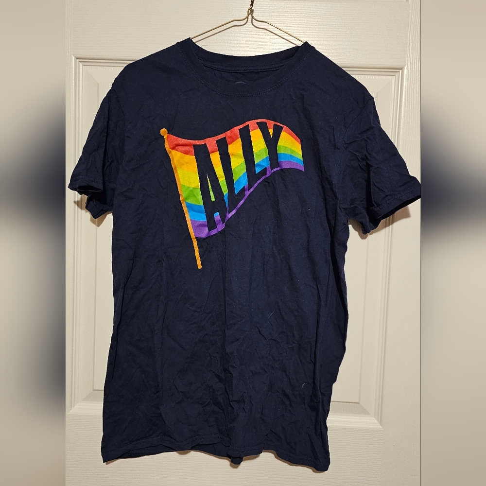 Navy Blue Ally Rainbow Pride Flag T-Shirt Sz M